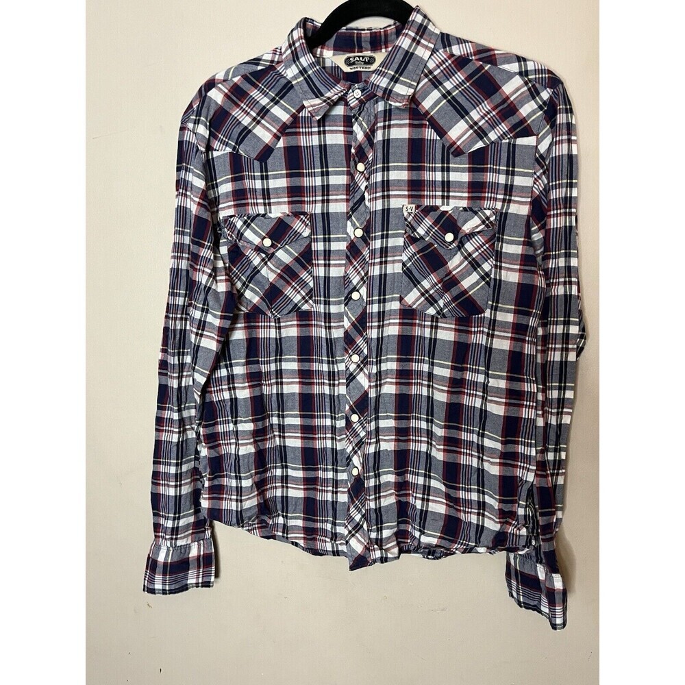 Salt Valley Western Pearl Snap Shirt Blue  White Red Plaid Flannel Womens Medium
